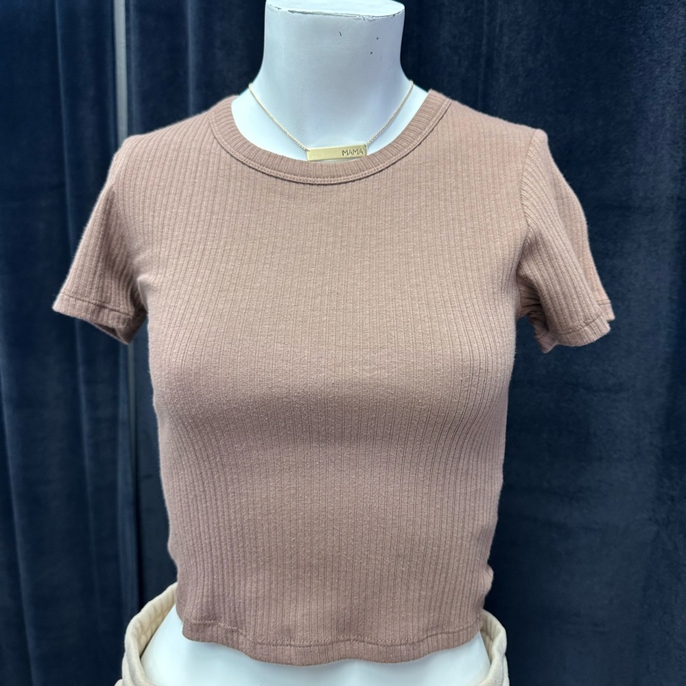 Brown Ribbed Crop Baby Tee Crew Neck Crop Top